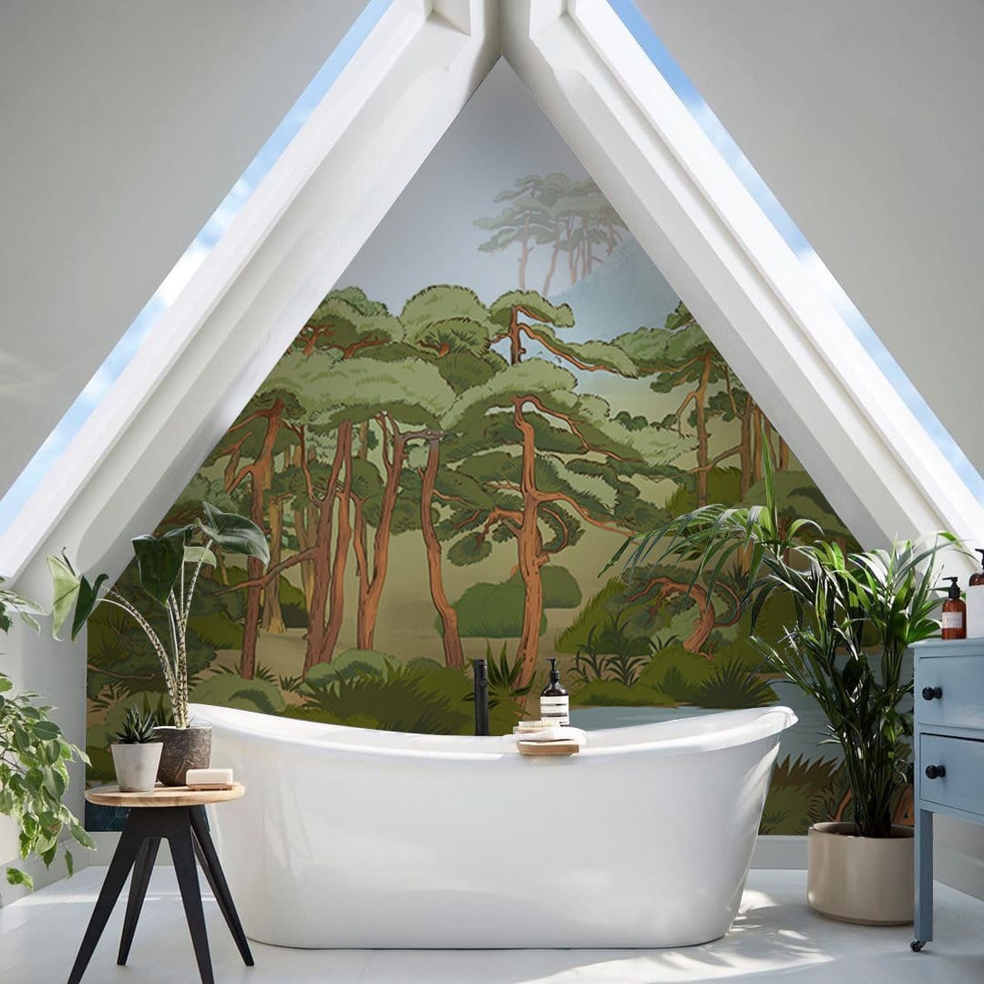 Sketch Jungle Green Forest Wallpaper Mural Bathroom