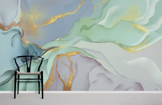 Abstract Aqua Gold Marble Wallpaper Mural