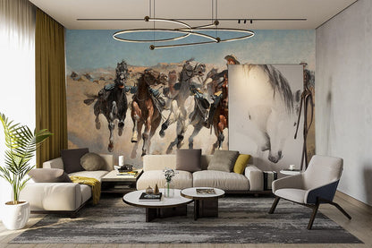 Wild West Cowboy Horse Chase Mural Wallpaper in living room