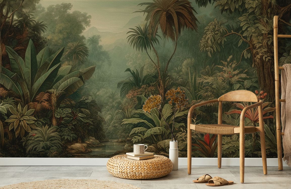 Tropical Jungle Landscape Wall Mural in living room