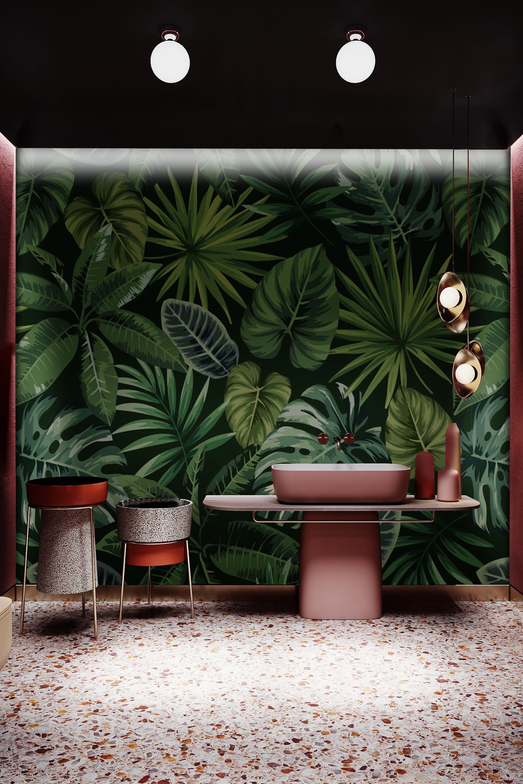 A Home Decoration Comprising of a Bathroom Wall Mural Featuring Tropical Leaves on Wallpaper