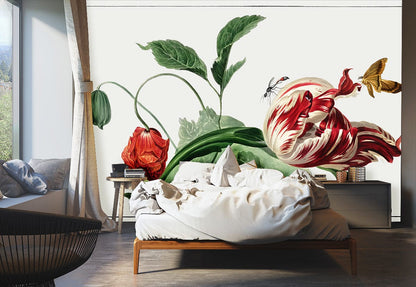 Elegant Tulips and Butterfly Botanical Illustration Mural in bedroom