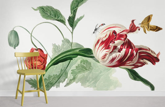 Elegant Tulips and Butterfly Botanical Illustration Mural