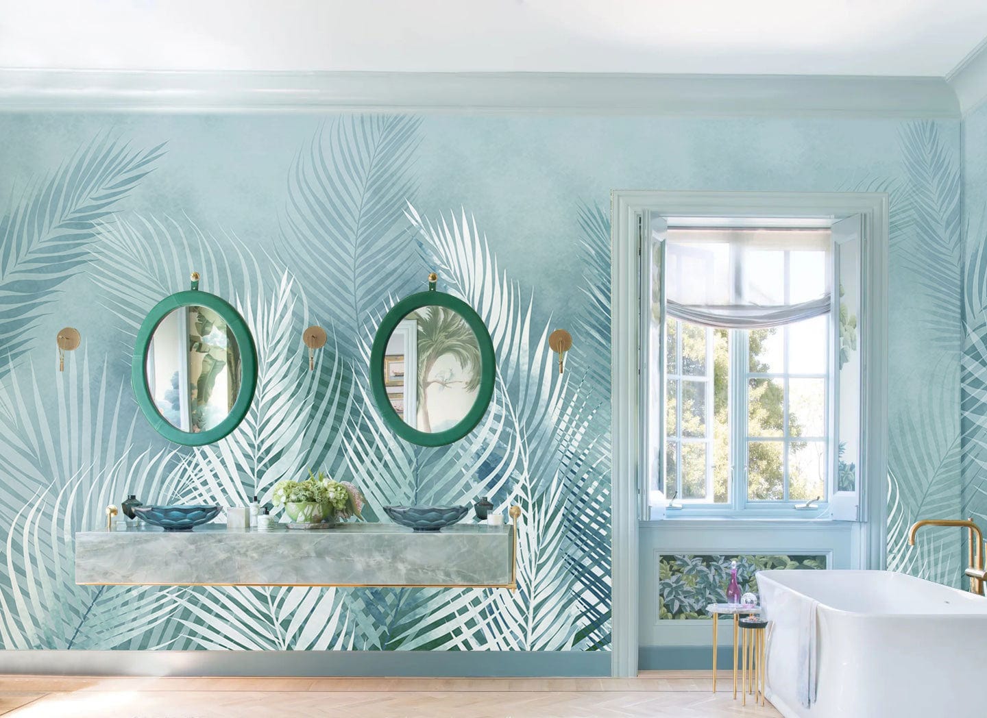 Wallpaper mural with feathers and leaves in turquoise for the bathroom's decor.