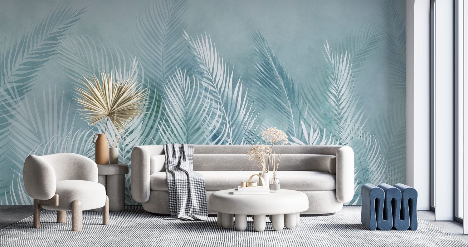 Wallpaper mural with feathers and leaves in turquoise, perfect for decorating the living room