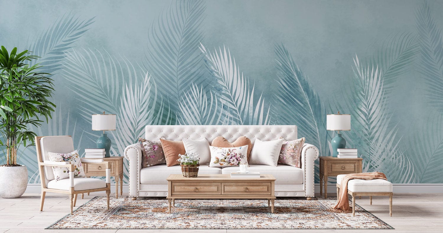 Wallpaper mural with feathers and leaves in turquoise for the living room's decor.