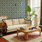 a blue and orange repeat pattern wallpaper mural for the living room