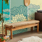 Wallpaper mural with a turquoise lotus design that may be used for decorating the hallway.
