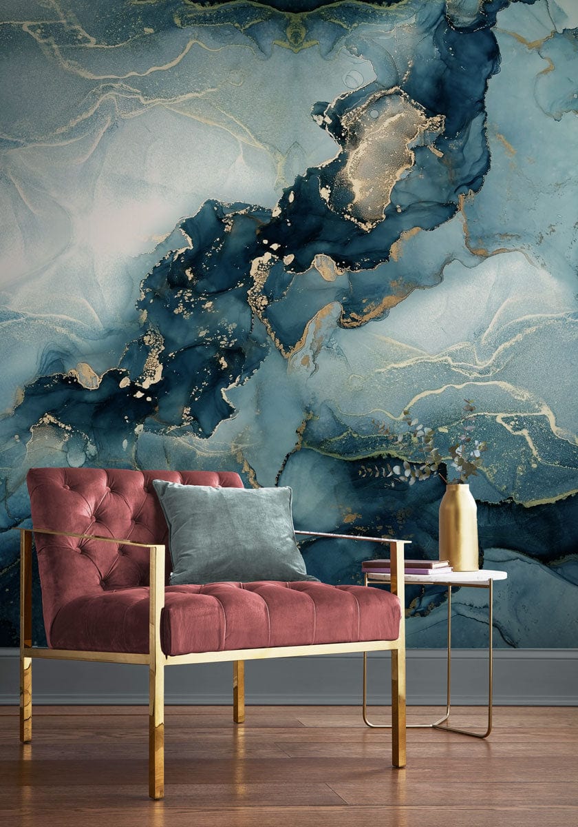 turquoise watercolor marble feature wall for hallway decor idea