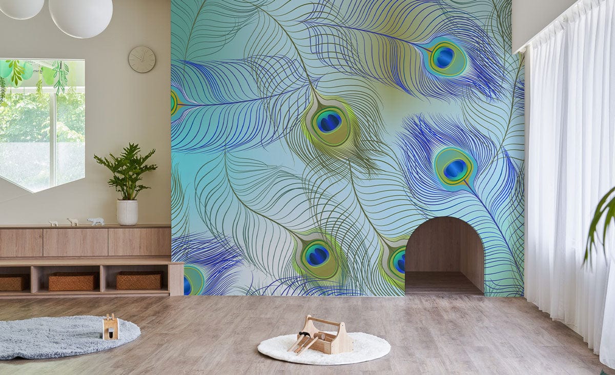 Wallpaper mural featuring a turquoise peacock feather design, perfect for decorating the living room.