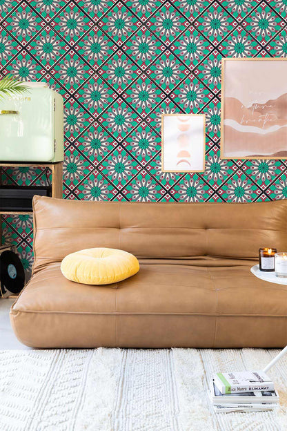 bedroom wall murals with a vivid turquoise pattern