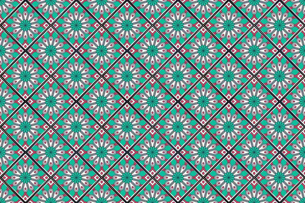 mural wallpaper with turquoise bohemian flowers and vectors and illusions