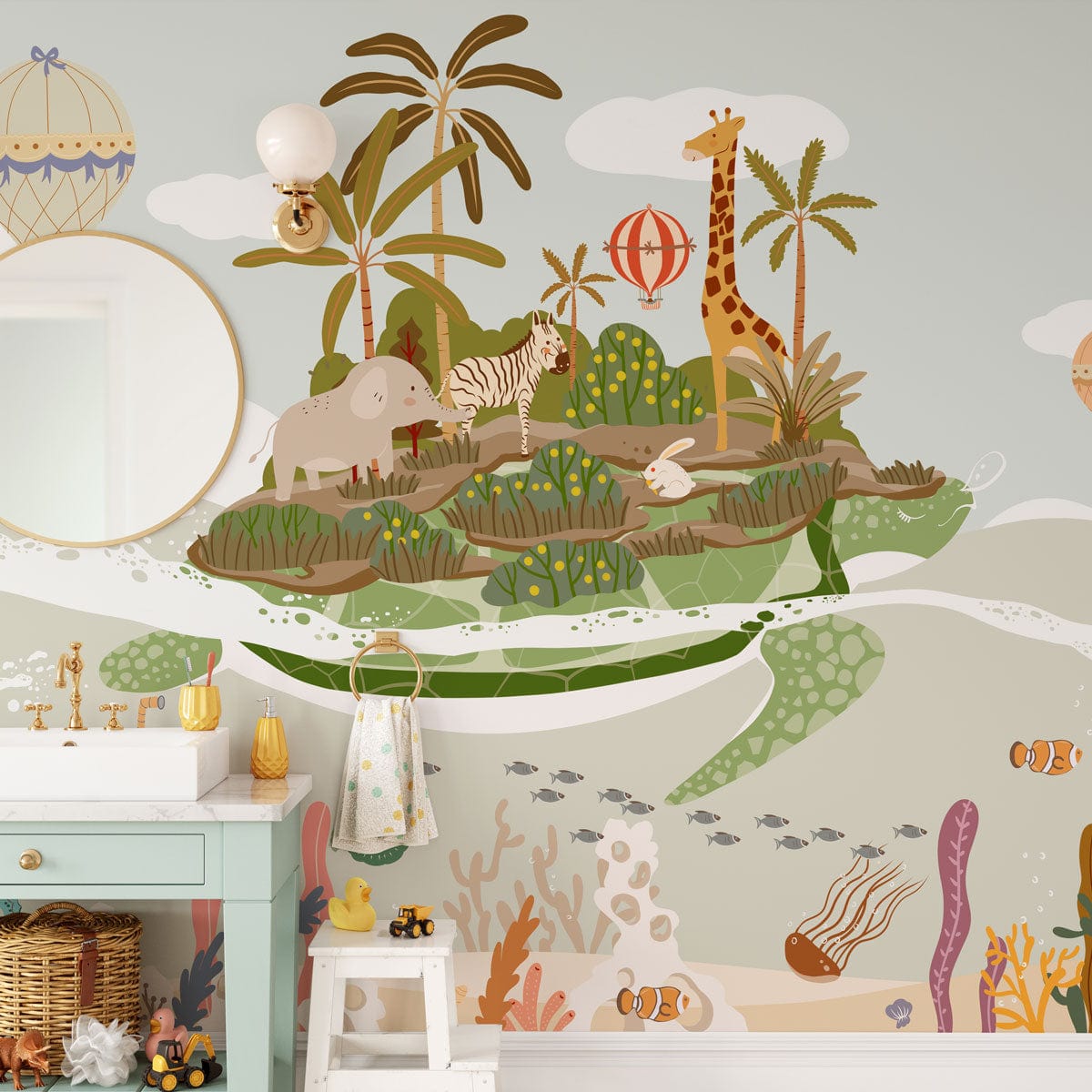 Turtle Land on the Sea Wallpaper Mural for Use as Decoration in Bathrooms
