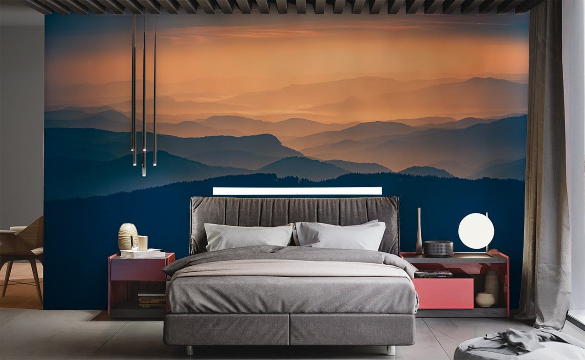 Serene Blue Mountain Sunrise Mural Wallpaper in bedroom