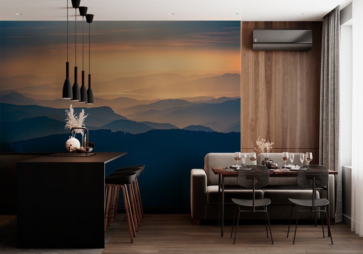 Serene Blue Mountain Sunrise Mural Wallpaper in dining room