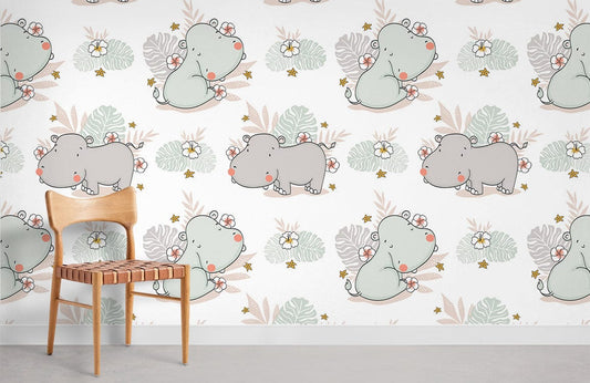 Twin Hippos' happy life Carrtoon Wallpaper Room Decoration Idea