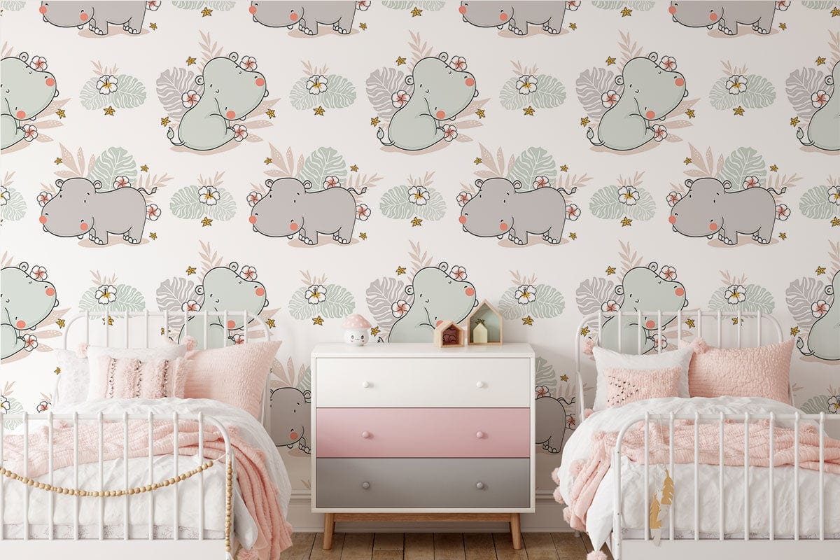 Twin Hippos' happy life Cartoon Wallpaper Home Interior