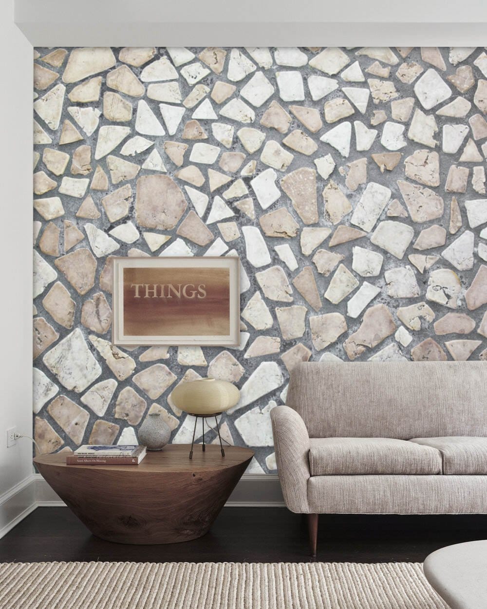 Wallpaper mural living space with twinkling stones and mixed bricks.