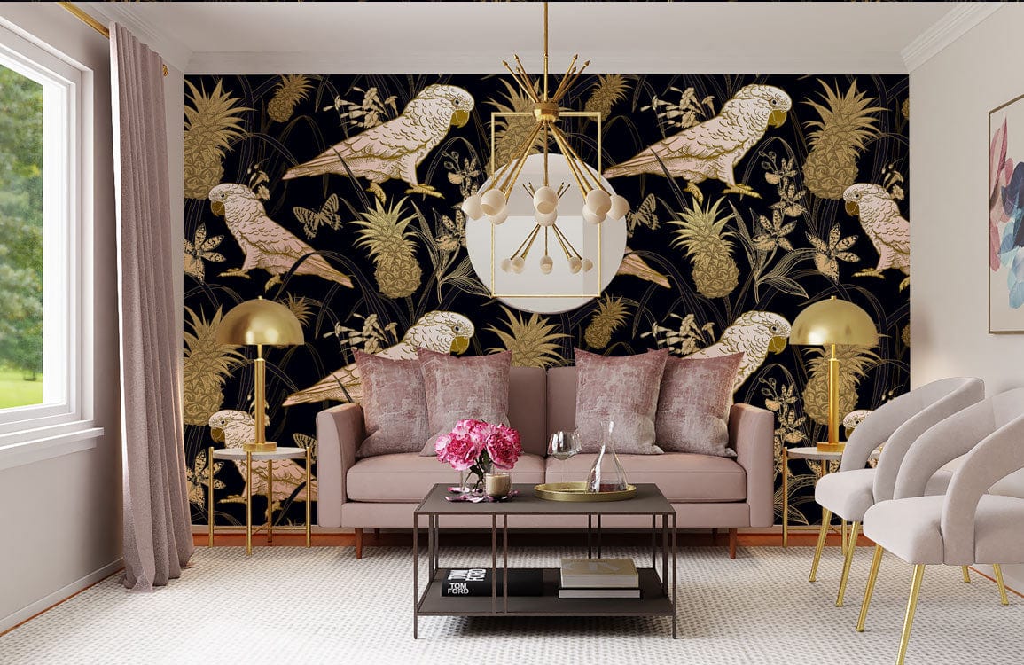 mural wallpaper design including birds, animals, and flowers.