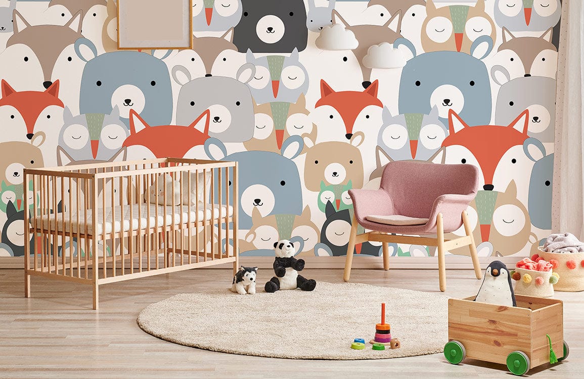 bespoke wallpaper mural for nursery and kid's room, a design of numerous animals' faces pattern