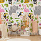 a wall mural with a vibrant pattern of cartoon animals