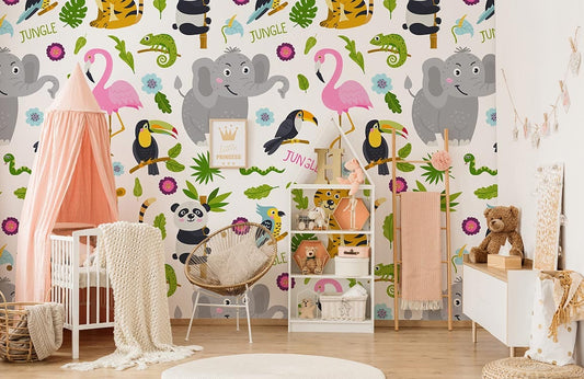 a wall mural with a vibrant pattern of cartoon animals