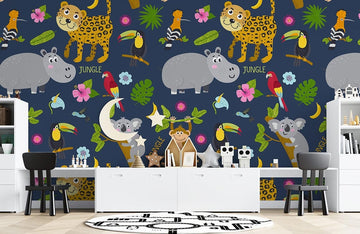 Murale per Bambini con Animali Colorati della Giungla