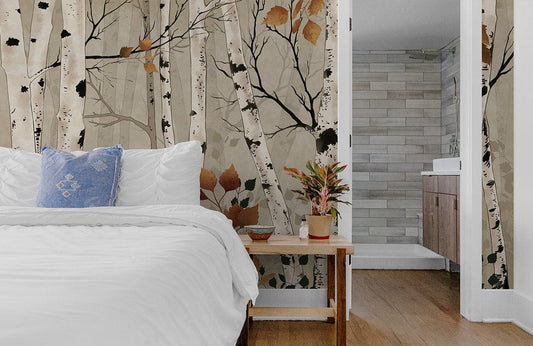 A wallpaper painting depicting fall foliage and a firmiana forest is an excellent choice for bedrooms.