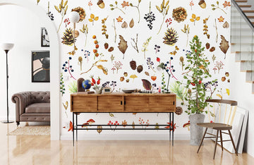 Autumnal Botanical Watercolor Mural Wallpaper
