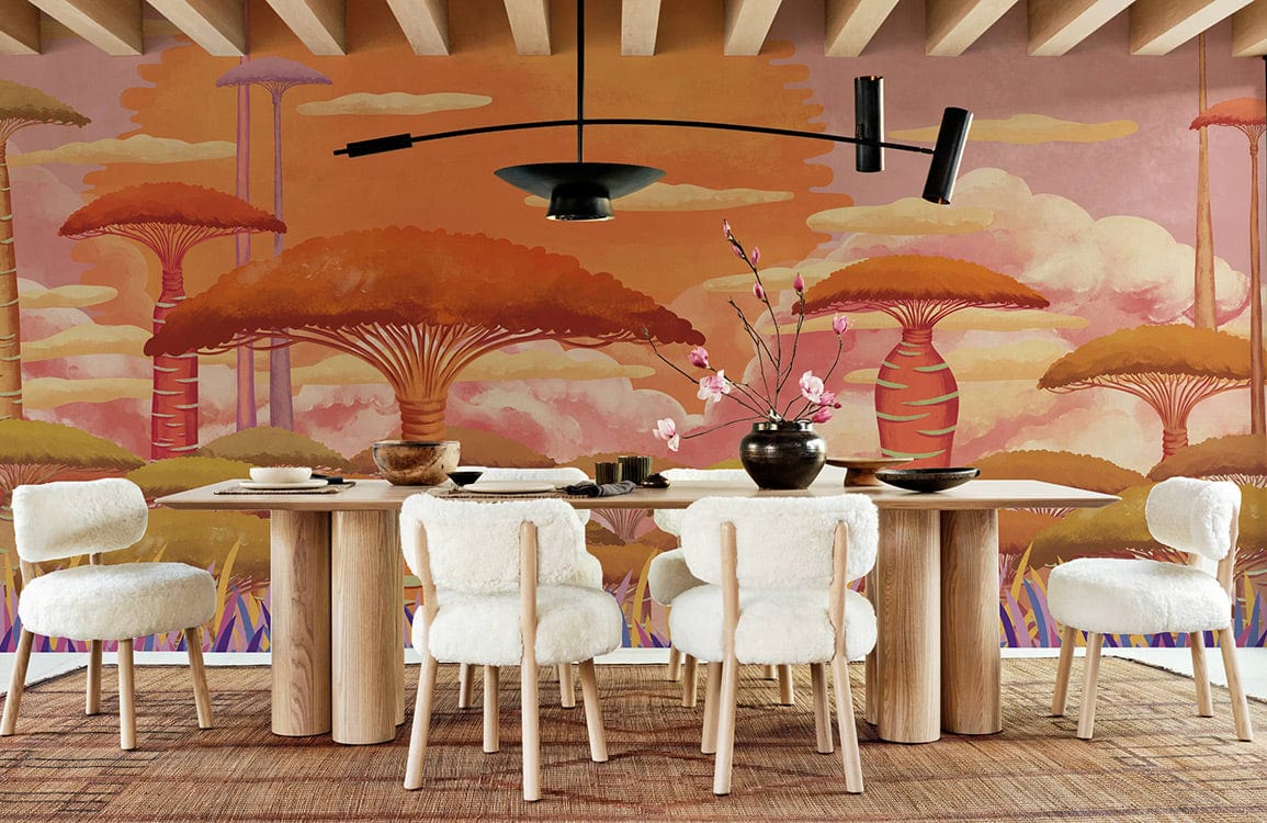 A wallpaper mural for the dining room with a baobab surrounded by purple grass and sunset clouds