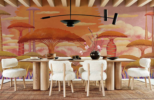 A wallpaper mural for the dining room with a baobab surrounded by purple grass and sunset clouds