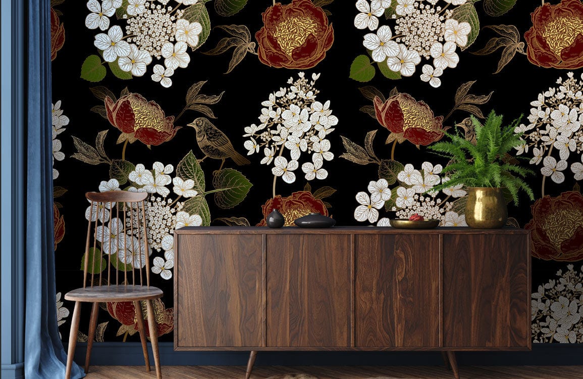 wallpaper with a one-of-a-kind flower and bird pattern