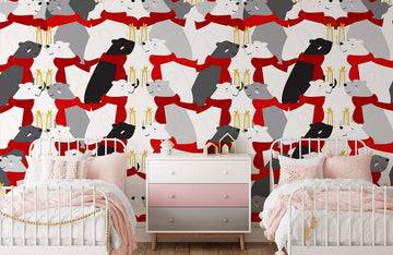 Whimsical Red Grey Bear Mural Wallpaper