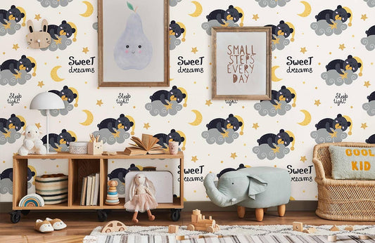wallpaper mural of a bear resting on a cloud and moon in a home room