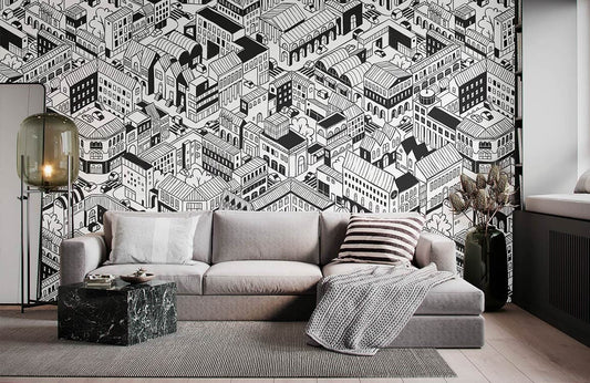 black & white building wallpaper mural for home hallway design