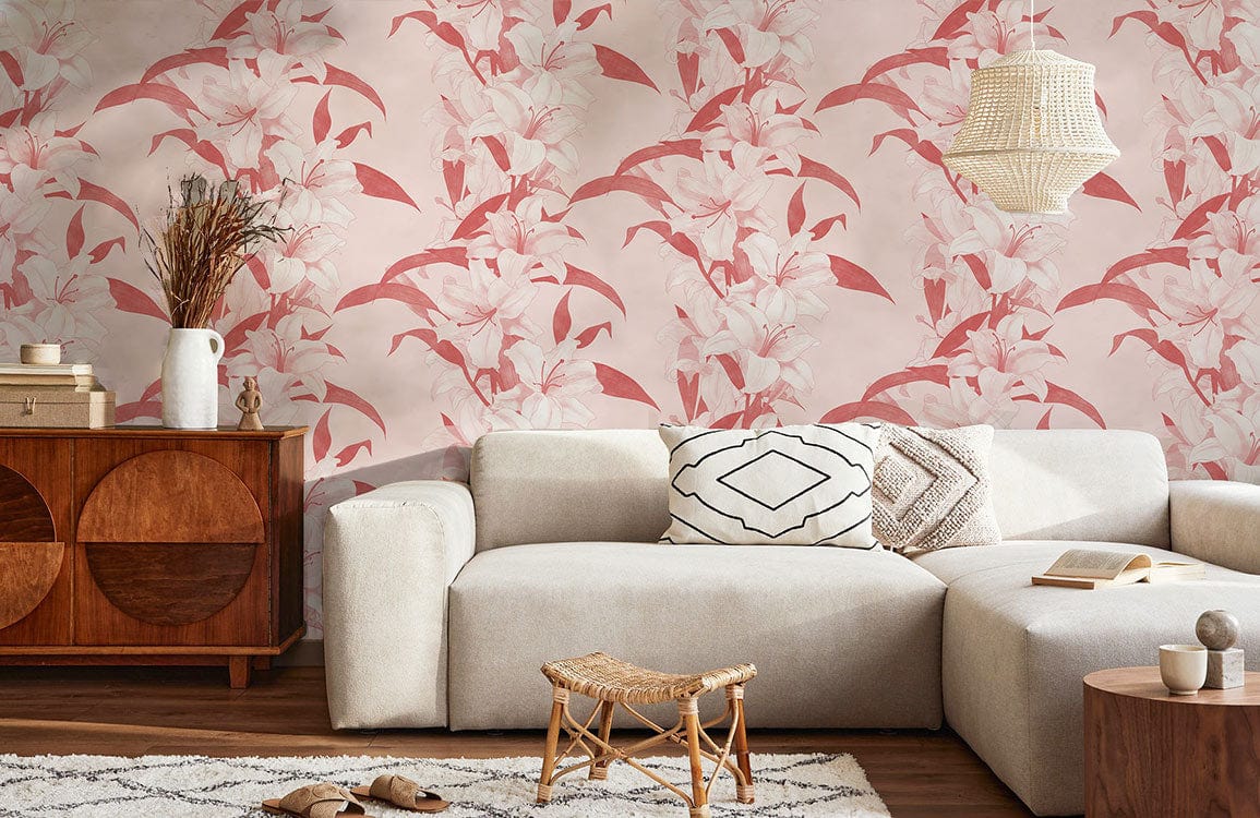 Home décor wallpaper mural with vibrant pink lilies