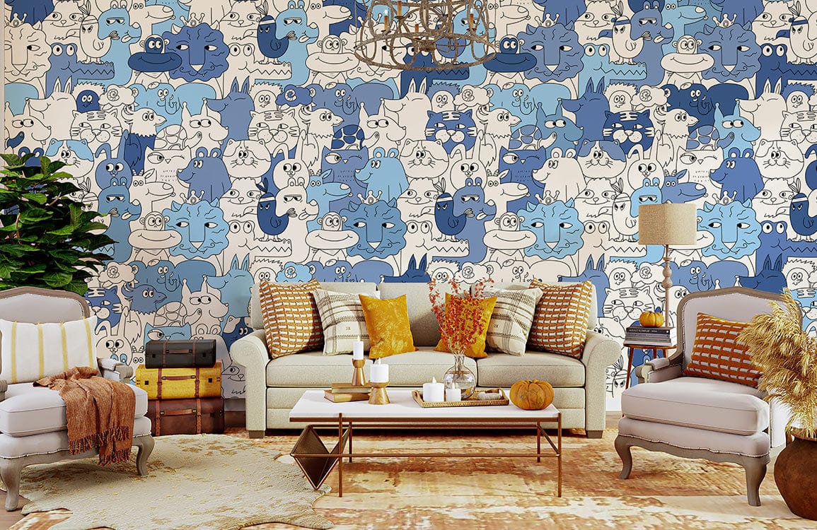 In the living room, there is a mural wallpaper in blue with special animals. Blue Spectacular Animal Figures Wall Mural Wallpaper