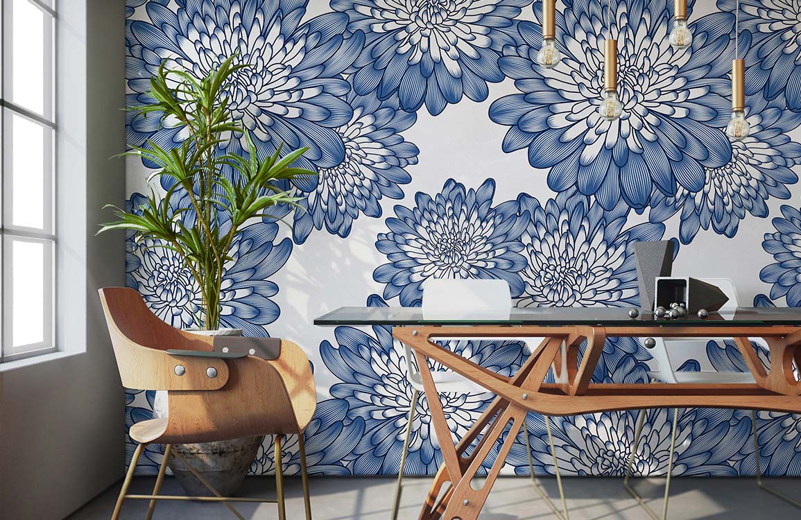 Room wallpaper with a blue chrysanthemum design.