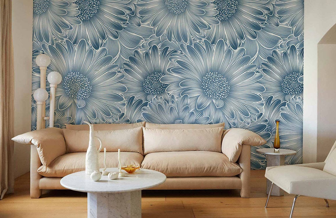 Patterned wallpaper with a blue daisy blossom design for bedrooms