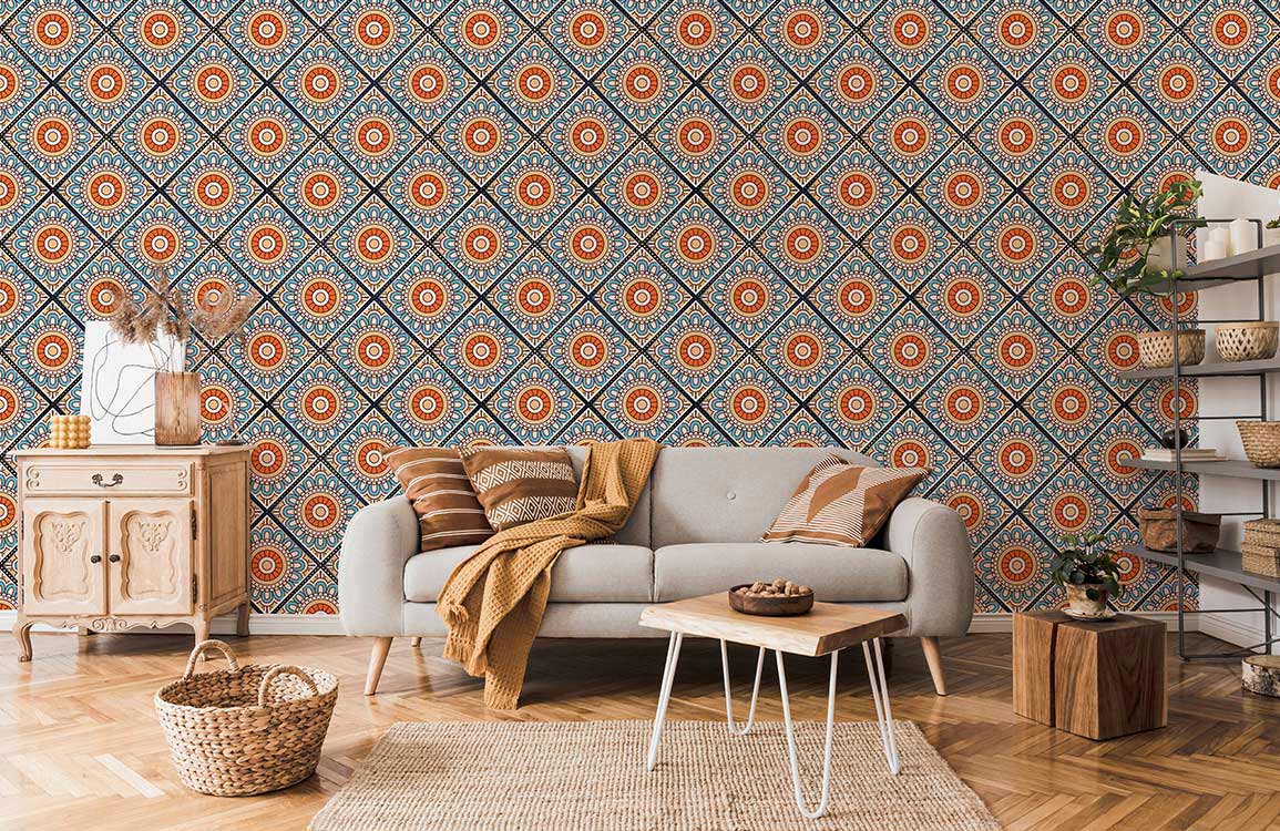 Floral wallpaper mural in blue and orange for the living room