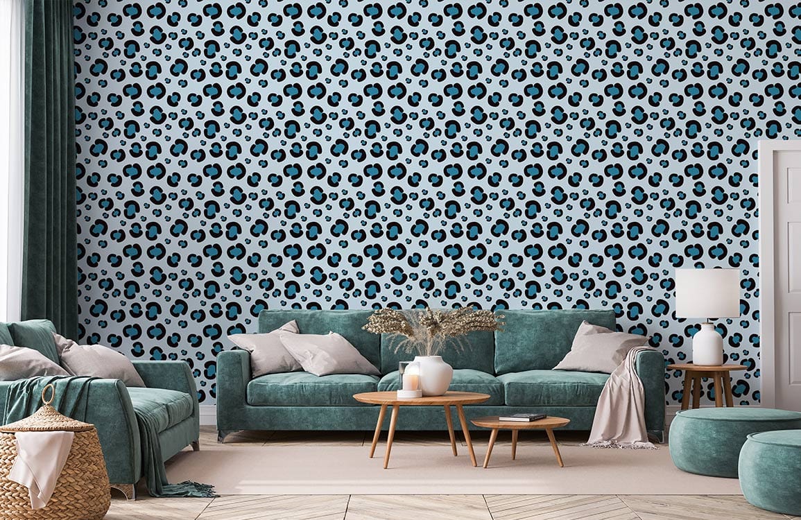 Wallpaper mural for the house decorated with a blue leopard print design with animal skin.