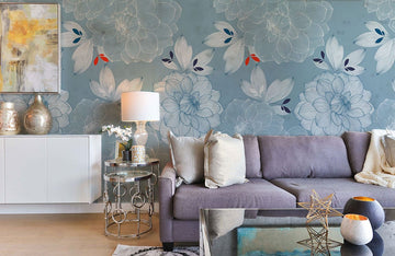 Blue Floral Linework Elegant Mural Wallpaper
