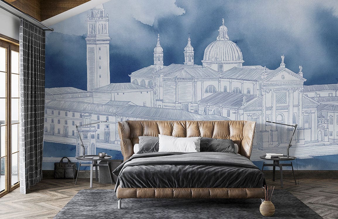 custom sketched building wallpaper mural for bedroom decor