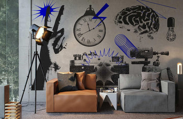 Abstract Monochrome Blue Accent Mural Wallpaper