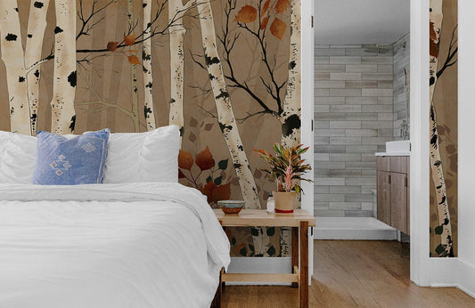 A wallpaper mural in brown and fall colours with a firmiana forest is an excellent choice for bedrooms.