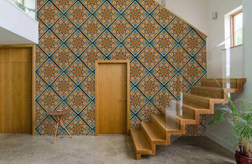 Vintage Geometric Orange Teal Mural Wallpaper