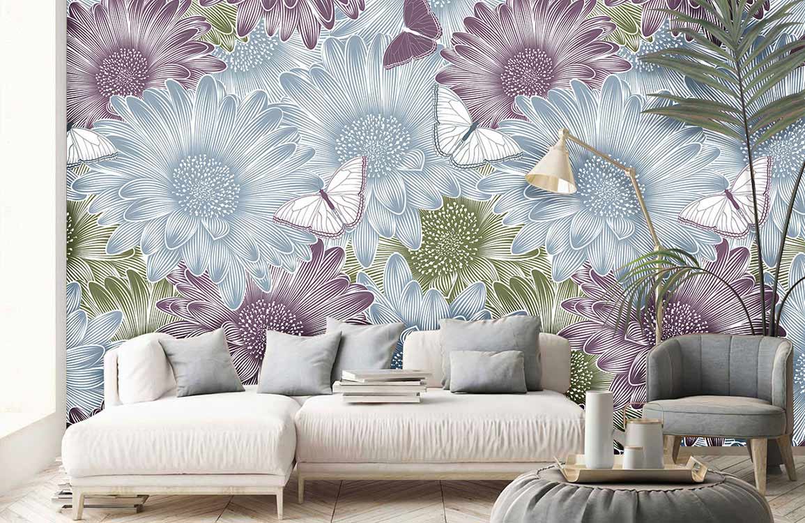 daisy flower wallpaper with various butterflies