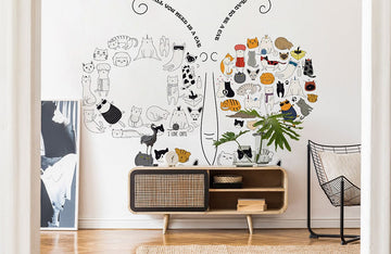 Whimsical Cat Illustration Mural Wallpaper