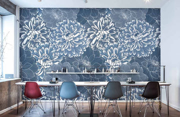 Blaue Blumen Kunstvolle Geometrische Wandtapete