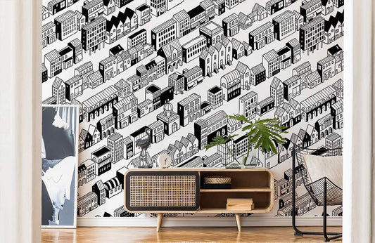 sketched houses in order wall mural for hallway decor